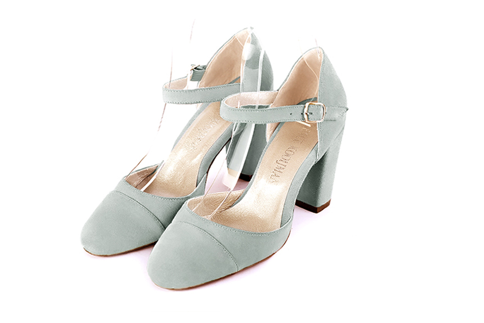 Women's aquamarine blue elegant closed-back heels, with an instep strap. Round toe. High block heels - Front view
